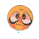 A round orange face with large watery eyes and a trembling mouth, shedding small blue tears.