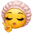 Yellow smiley face wearing a pink satin hair bonnet with long eyelashes and a peace sign hand gesture.