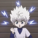 Killua Zoldyck with spiky white hair looks shocked with blue lightning bolts surrounding his head.