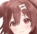 Anime girl with brown hair and a bone-shaped hair clip smiling with a soft blush on her cheeks.