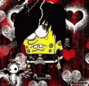 SpongeBob with black emo hair stands against a dark background filled with red and white hearts.