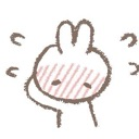 A small white bunny with long ears blushing with pink lines across its face while looking down shyly.