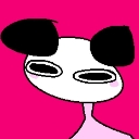 A white, minimalist creature with large, hollow black eyes and a blank expression set against a bright pink background.