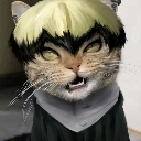 A cat with a blonde and black bowl-cut hairstyle looking forward with a judgmental and smug expression.