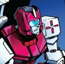 A pink and white robot head with a blue visor looking slightly to the side with a confused, blank expression.