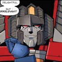 A robotic character with a gray face and red eyes smirks while text bubbles above say delightful but irrelevant.