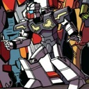 A gray and red robotic warrior stands in a dynamic combat stance.