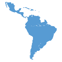 South America continent map silhouette in blue on a black background.