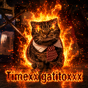 A cat wearing a white shirt and striped tie surrounded by bright orange and red flames.