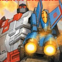 A large armored robot fires glowing yellow energy from twin cannons mounted on its arm.