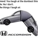 A gray car bent in the middle like an accordion with a logo and text below it.