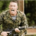 A man in military camouflage screaming loudly while holding a rifle.