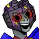 A robot character with a purple head and glowing red eyes wearing a sinister, wide-mouthed grin.