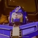 A blue robotic character with a metallic helmet looking upward with an exhausted and blank expression.
