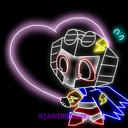 A stylized character with goggles and a cape stands in front of a glowing purple neon heart.