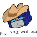 A robot head wearing a brown cowboy hat with the text Till Y'all Are One written below it.