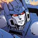 A blue robotic character with glowing red eyes gives a sly, smug smirk.