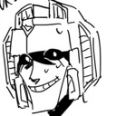 A robot with a mechanical helmet wearing a strained, wide-eyed grin while sweating.
