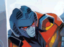 A robotic character with red eyes and blue plating winks at the viewer.