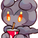 Marshadow holding a red cup and sipping through a straw with a smug expression.