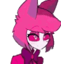 A shy female version of Alastor with pink hair and red eyes, blushing and looking down.