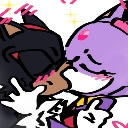 Shadow the Hedgehog and Blaze the Cat kissing with pink hearts floating around them.