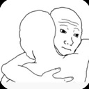 Wojak character giving a supportive hug to another person in a simple line-art style.