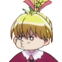 Anime girl with blonde hair pouting with puffed cheeks and squinted eyes.