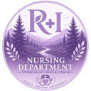 Nursing department badge featuring a landscape illustration with trees and a river inside a purple circle.