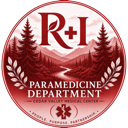 Paramedicine Department circular badge featuring pine trees, a river, and a medical star of life symbol in red and white.