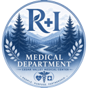 Medical department circular seal with a forest, river, and medical symbols in blue and white.