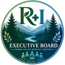 Executive Board emblem featuring a mountain landscape, forest, and a group of people sitting at a table.