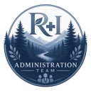 A circular blue badge featuring the text R+I, a mountain landscape, and the words Administration Team at the bottom.