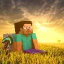 Steve from Minecraft sitting in a grassy field with a pickaxe at sunset.
