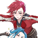Vi with pink hair playfully pulling on Jinx's cheeks while Jinx smiles.
