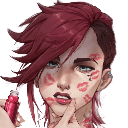 Vi from Arcane with a serious expression and her face covered in multiple red lipstick kiss marks.