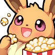 Eevee smiling happily while eating popcorn from a red and white striped bucket.