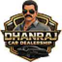 Man with a mustache and sunglasses centered inside a gold emblem with the text Dhanraj Car Dealership.