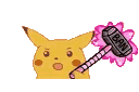 Pikachu with a shocked expression being hit by a large pink ban hammer.