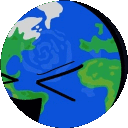 A stylized globe rotating in a circle with a black marker overlay.