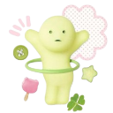 A small, pale green Smiski figure with a blank expression standing inside a green hula hoop.