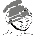 Wojak character wearing an ironman helmet with a blue drool line coming from his mouth.
