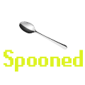 A silver spoon floating above the yellow pixelated text Spooned.