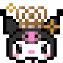 A pixelated character with a black hood and pink nose wearing a golden tiara.