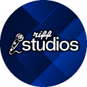 Microphone icon next to the text Riff Studios in a bold white font against a dark blue background.
