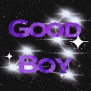 Text reading GOOD BOY in purple letters surrounded by bright white starbursts on a black background.