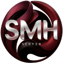 A circular 3D badge with silver metallic letters reading SMH over a dark red swirling background.