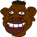 A cartoon face with brown skin and an exaggerated, wide-toothed, mischievous grin.