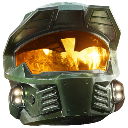 Master Chief helmet with a glowing gold visor looking forward.