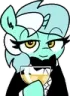A light blue pony with a smug expression holding a glass of wine while wearing a tuxedo.